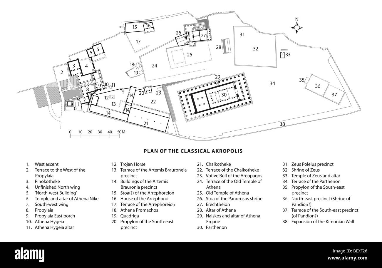 Plan de l'acropole d'Athènes classique. Dessin par Erin Babnik. Banque D'Images