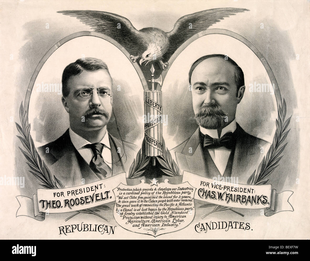 1904 affiche de campagne pour l'élection présidentielle aux Etats-Unis, les candidats du Parti républicain - Theodore Roosevelt et Charles Fairbanks Banque D'Images