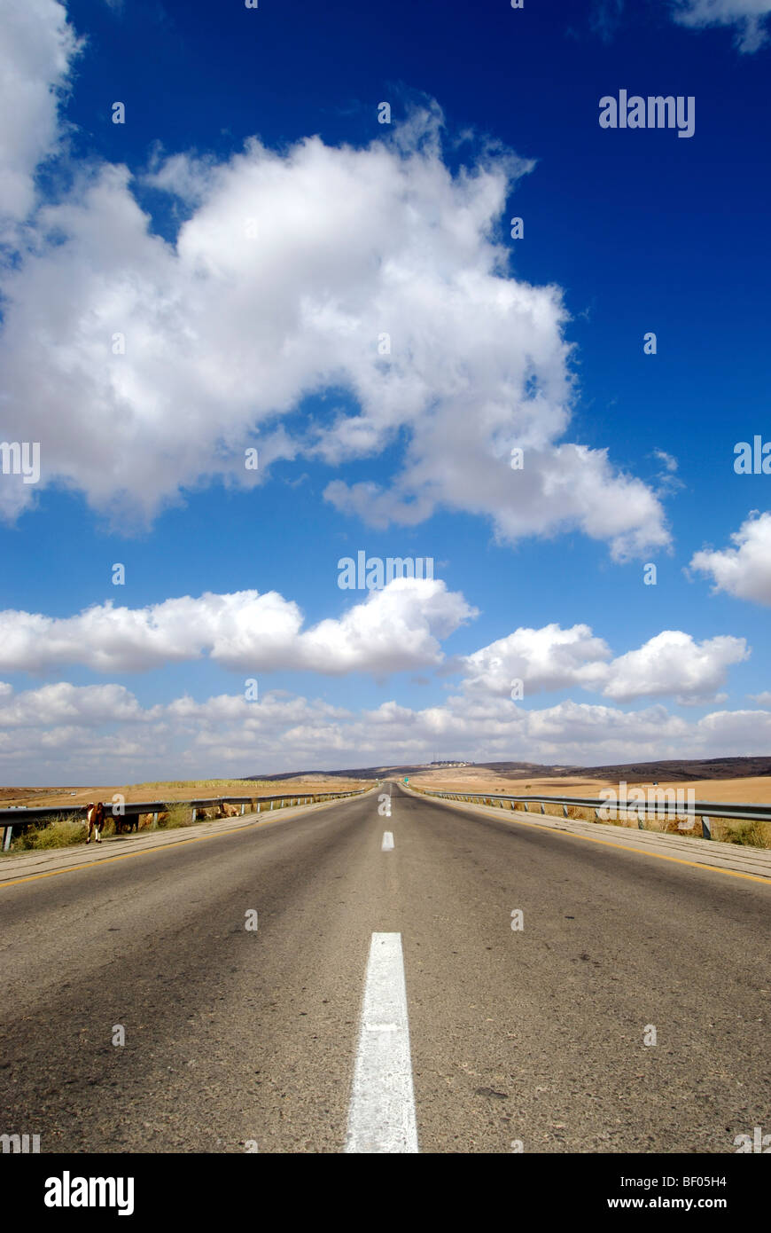 L'Australie, de l'ouest de la Nouvelle-Galles du Sud, route sans fin qui ne mène nulle part en marche dans l'horizon ciel bleu avec des nuages Banque D'Images