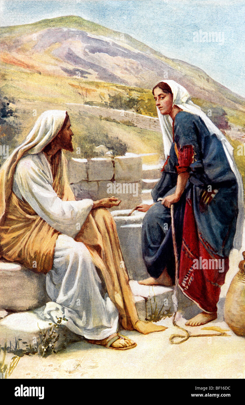 Peinture de la femme de Samarie qui montre la femme Samaritaine près d'un puits avec Jésus peint par Harold Copping Banque D'Images