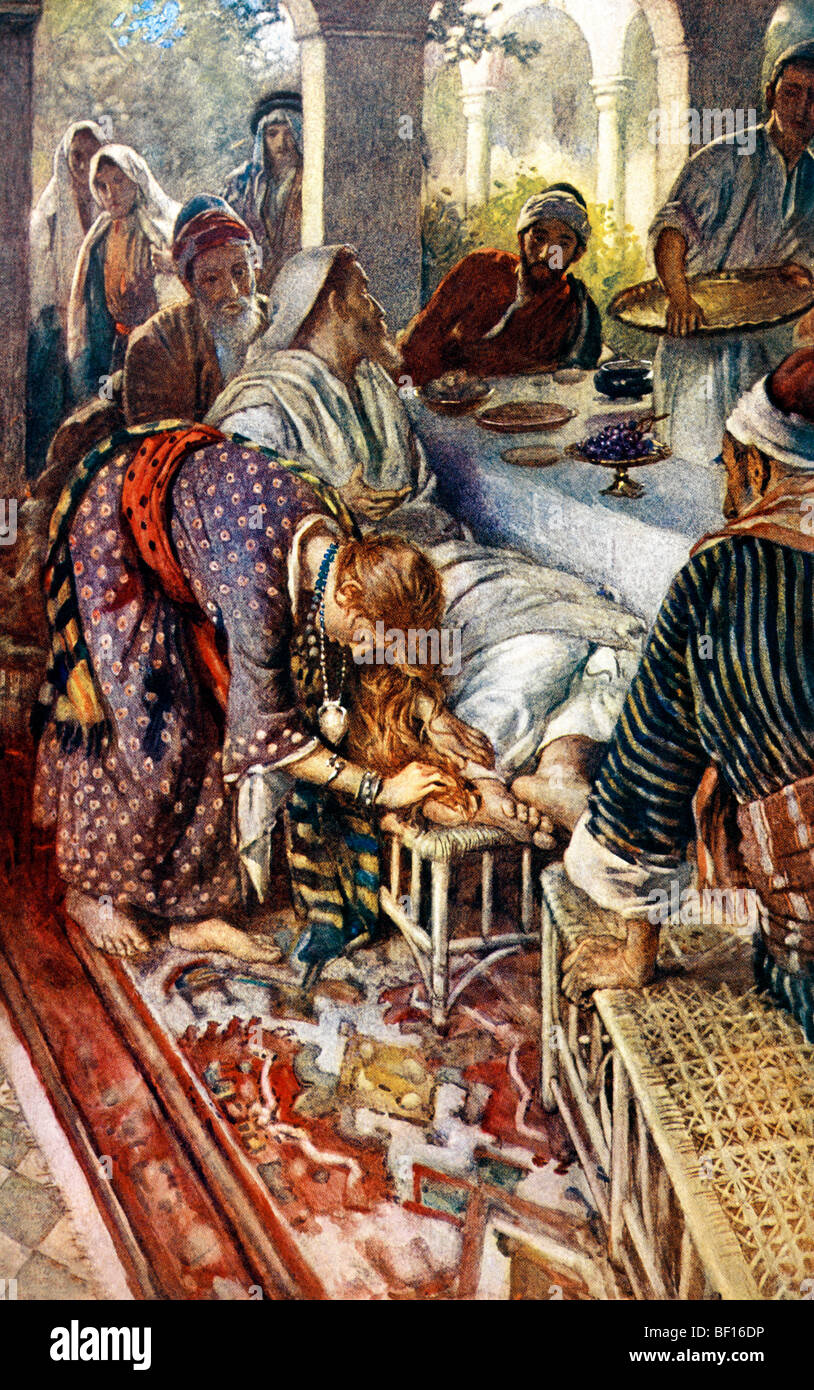 Peinture de la femme avec la boîte de pommade qui montre une femme lave les pieds de Jésus avec ses larmes Banque D'Images