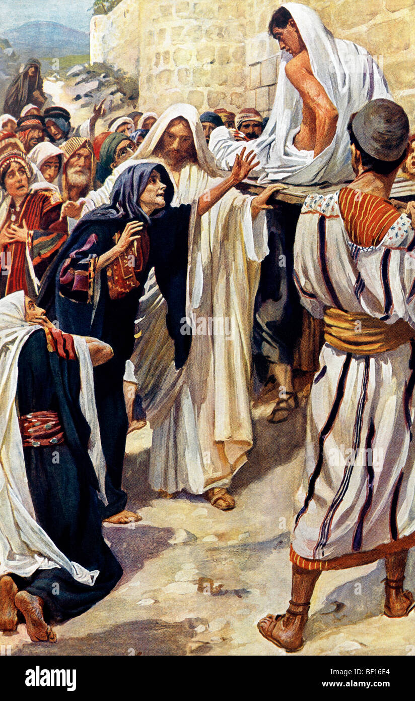 Peinture de la veuve de Naïm qui représente le miracle dans lequel Jésus a apporté à la vie le fils de la veuve de Naïm Banque D'Images
