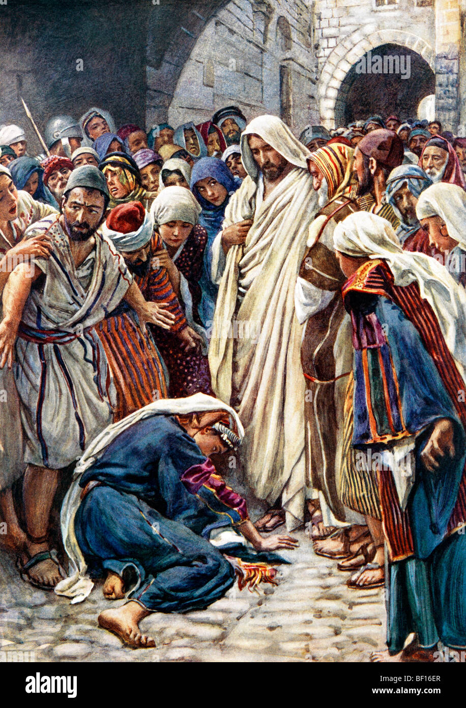 Illustration d'Une femme qui avait saigné et souffert pendant 12 ans est venu derrière Jésus-Christ et a touché le ourlet de son vêtement croyant tha Banque D'Images