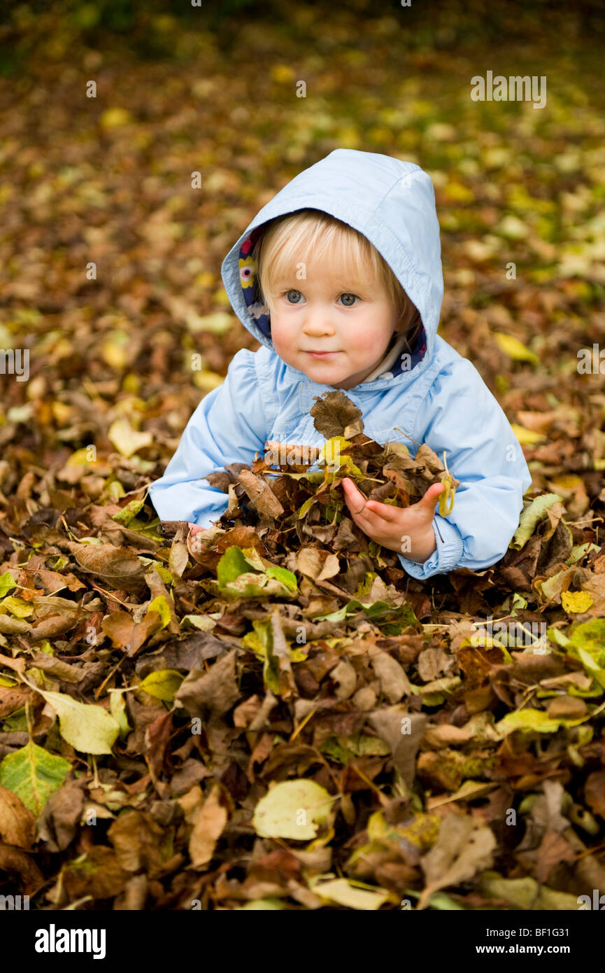 Fille tout-petit dans les feuilles d'automne Banque D'Images