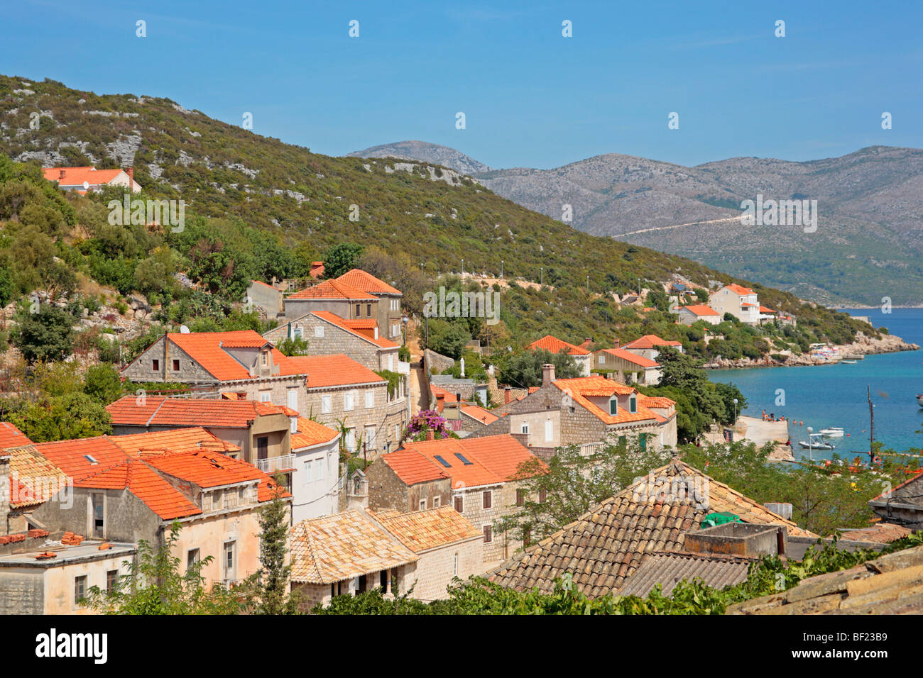 Ville sur l'île de Sipan Sudjuradj près de Dubrovnik, îles Elaphites, Dalmatie du sud, Côte d'Adria, CroatiaCroatia Banque D'Images