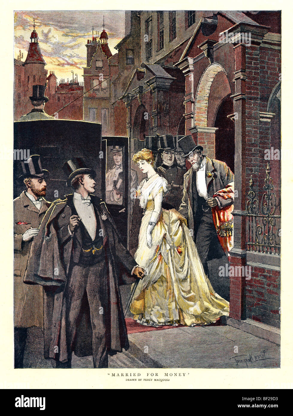 Marié pour l'Argent, gravure de 1889 une rose cueillie par un riche prétendant, jeune beaus regardez sur dans la pitié Banque D'Images
