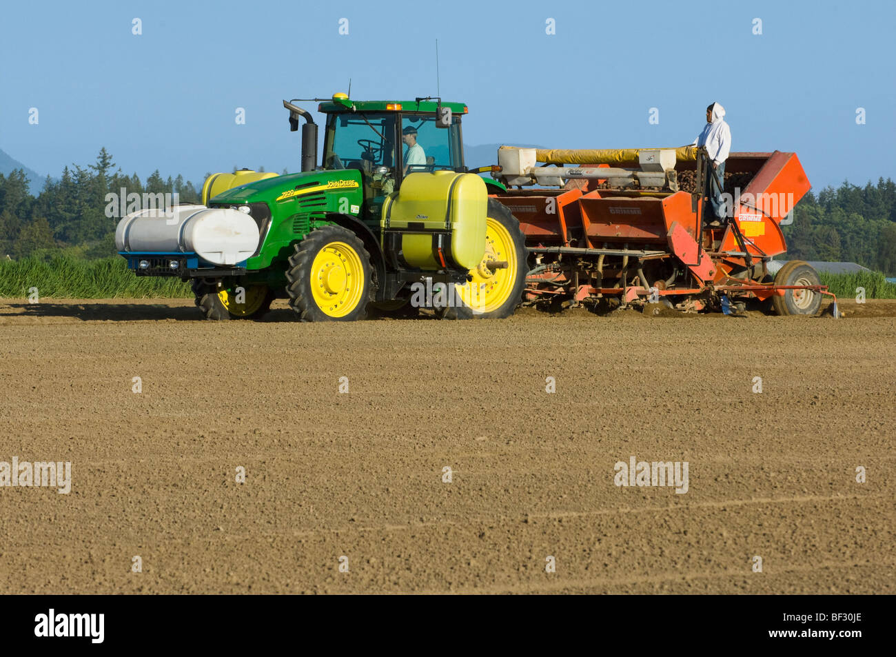 Agriculture - La plantation de pommes de terre avec un semoir 4 rangs / près de Burlington, Vermont, USA. Banque D'Images