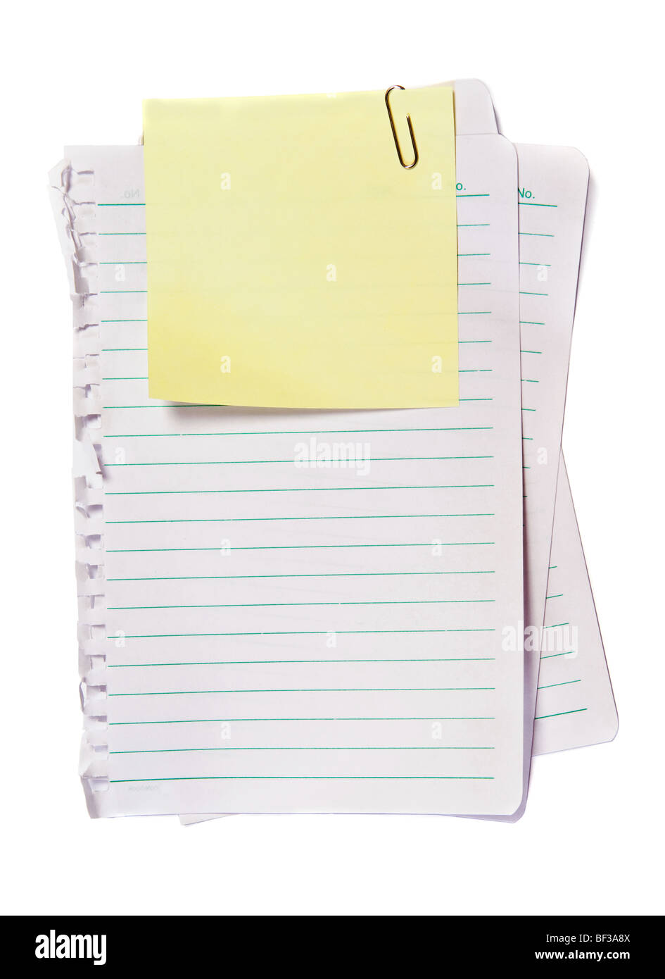 Memo clip jaune avec du papier, écrire note sur elle Banque D'Images
