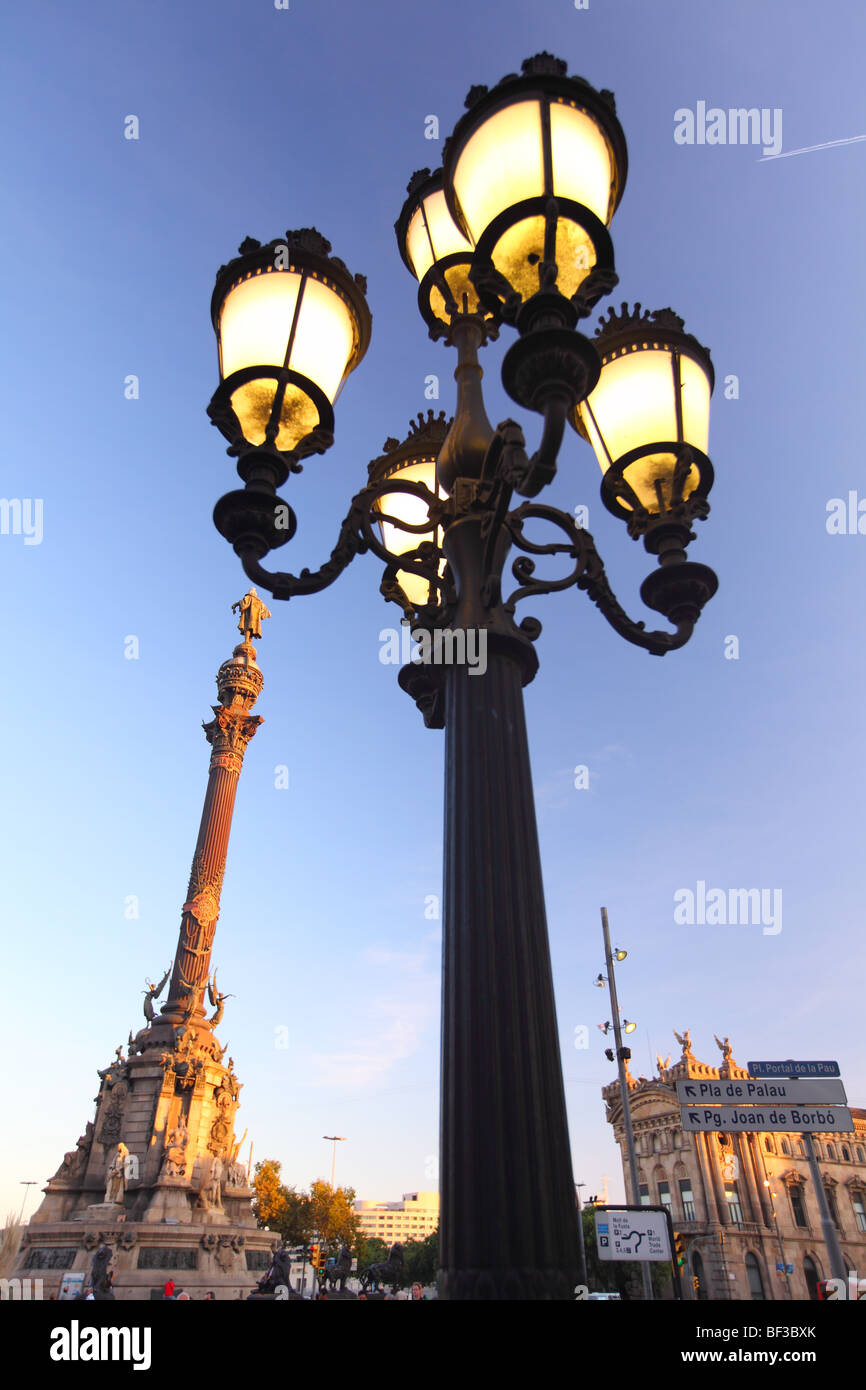 Barcelone, Ramblas, la Rambla, Placa del Portal de la pau, Colon, monument de Colomb, Colón Banque D'Images