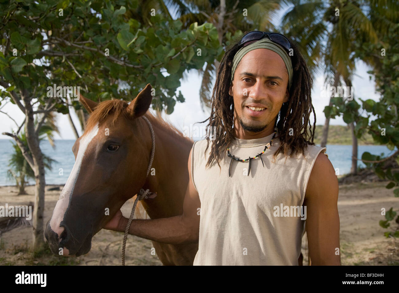 Man cheval menant près de la plage Banque D'Images