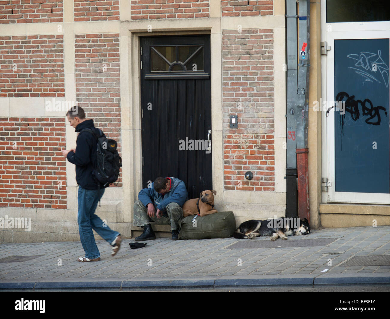 L'homme avec ses deux chiens mendiant dans une rue en pente dans le centre-ville de Bruxelles, Belgique Banque D'Images
