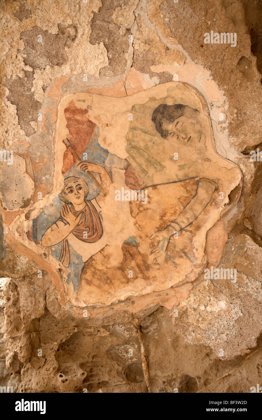 Fresque byzantine de hylas et les nymphes de l'eau sur le mur du gymnase et bains dans l'ancien site de l'ancienne villa romaine Banque D'Images