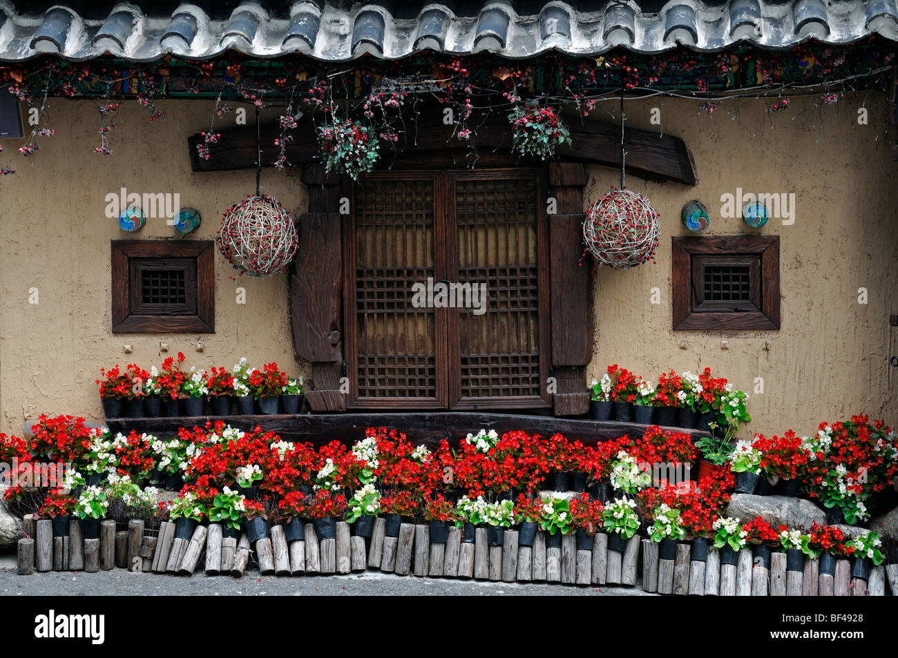 Fleurs coloré à l'extérieur d'une maison avec ses volets aux fenêtres d'arrêt dong daegu Corée du Sud Banque D'Images