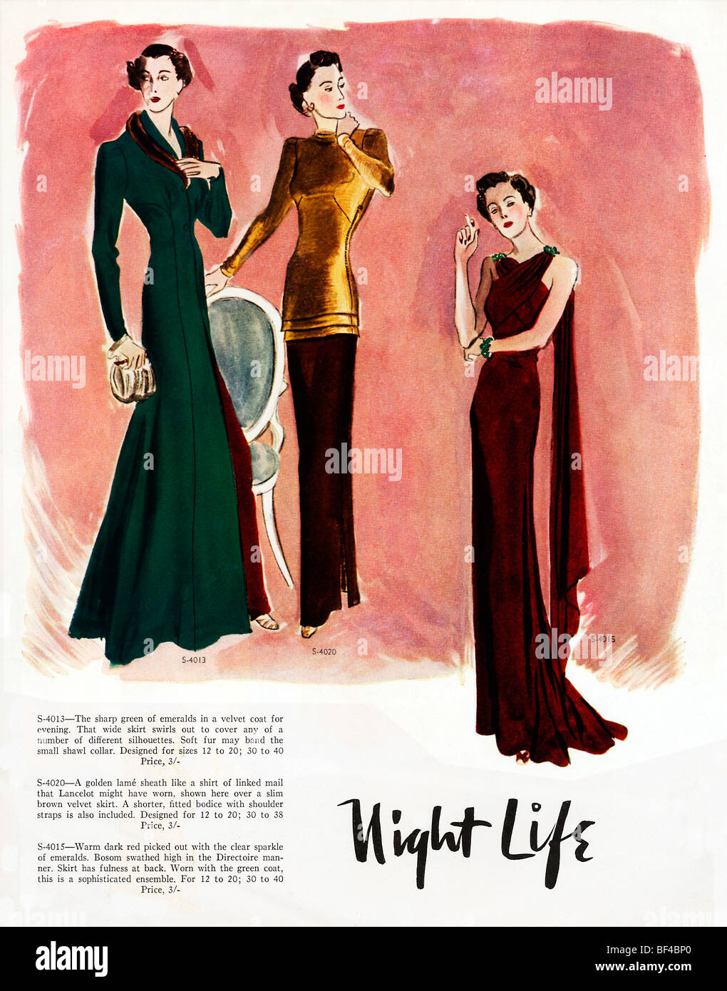 La vie de nuit, deux années 1930, magazine de mode illustration de robes de soirée élégante Banque D'Images