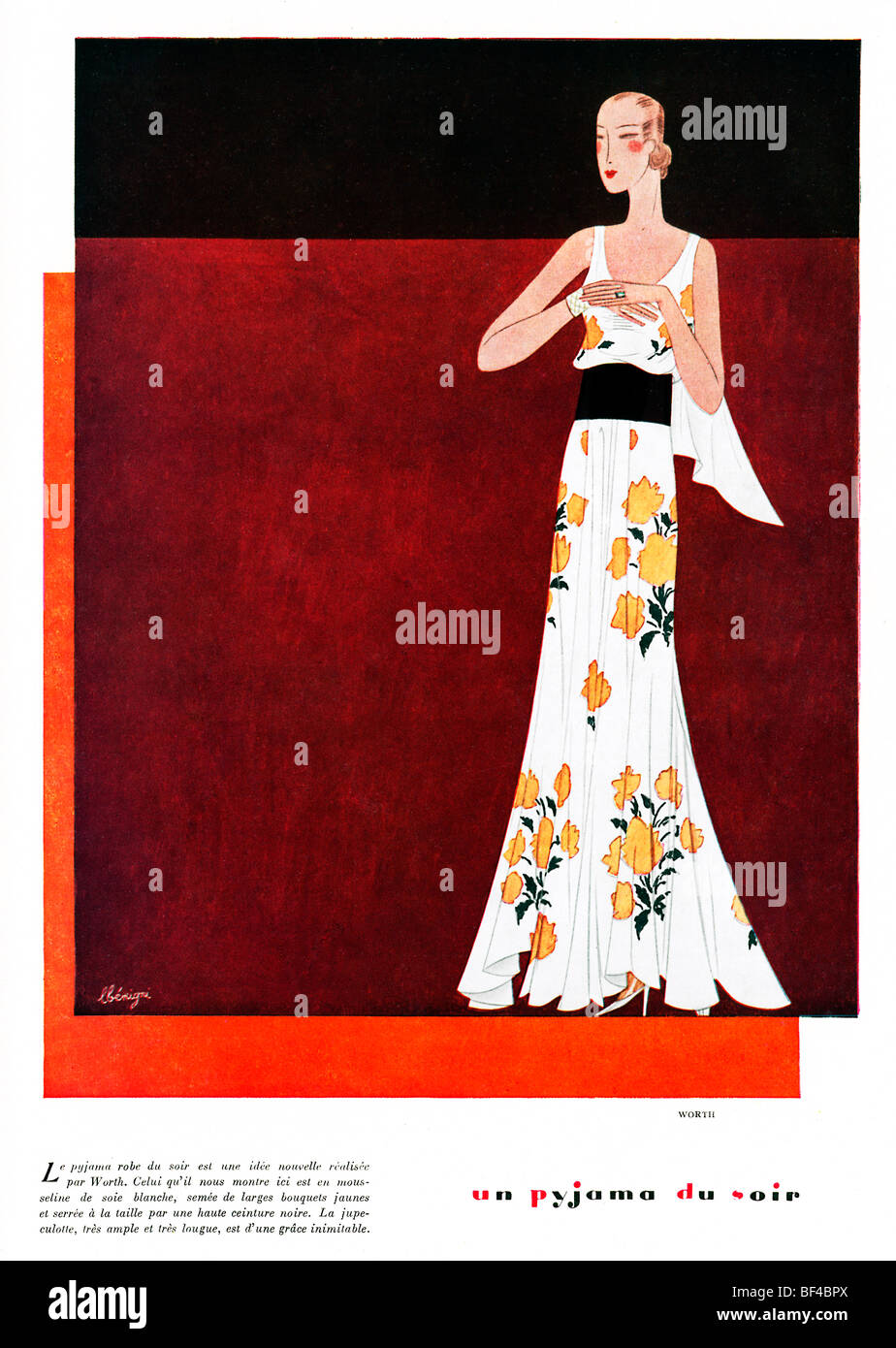 Pyjama du Soir, 1930 magazine de mode illustration, une nouvelle idée pour une tenue de soirée élégante par la maison de couture d'une valeur Banque D'Images