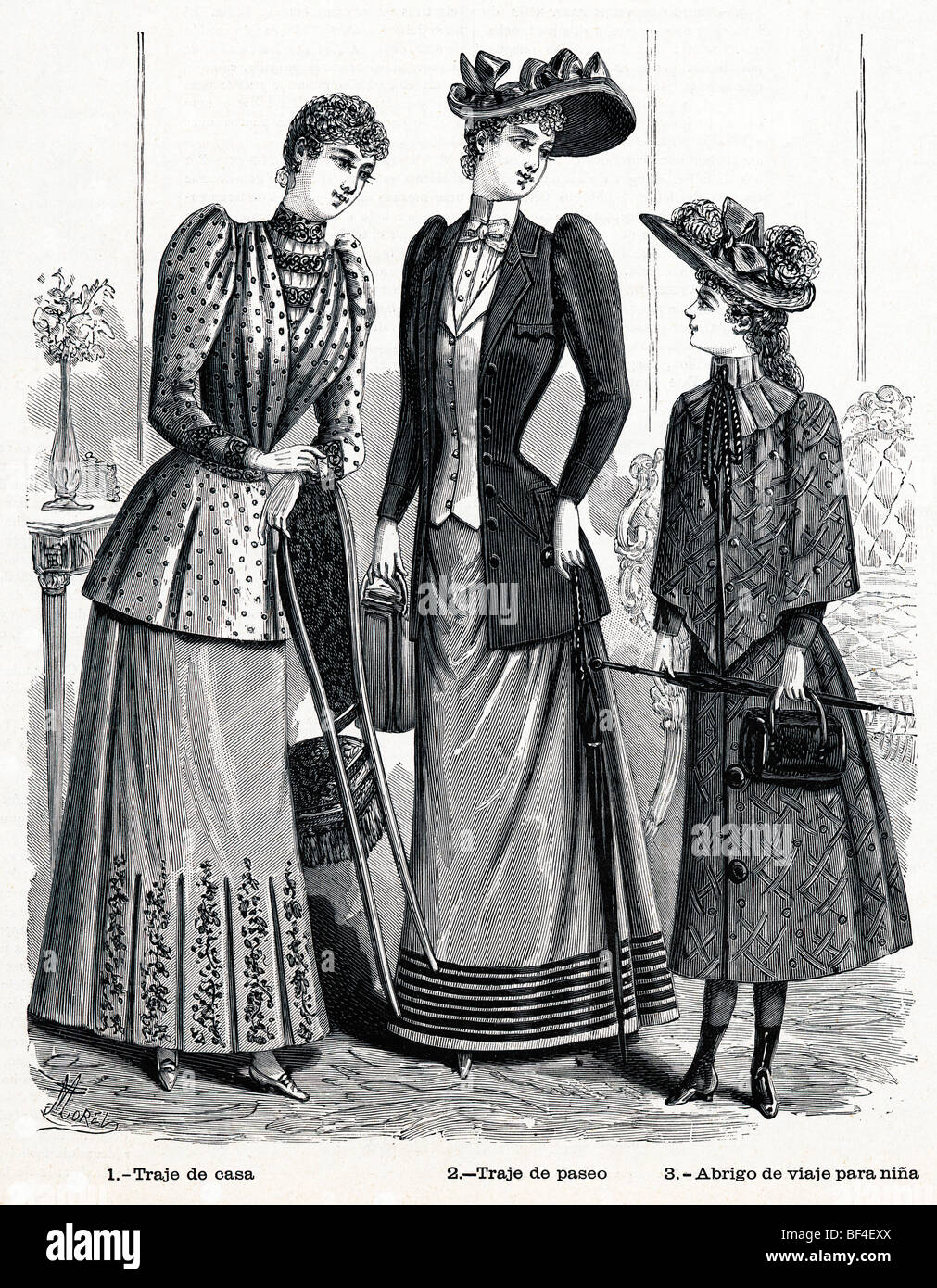 1891, gravure de mode pour femmes de diverses tenues mesdames d'un magazine de mode portugais Banque D'Images