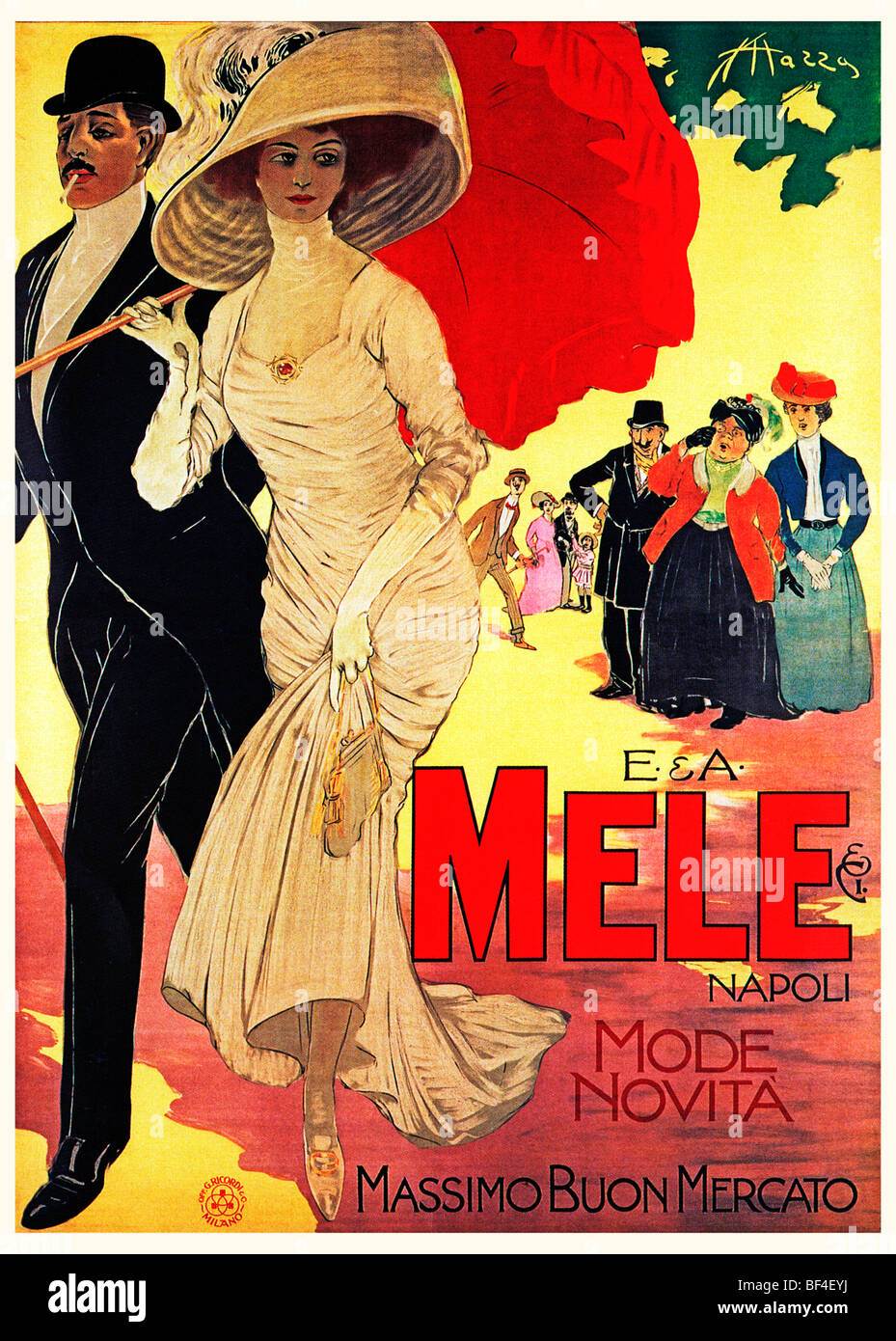 Mele, 1908 L'Art Nouveau Italien poster par Aldo Mazza pour la couture à Naples, le vieux gens stupéfaits par la nouvelle mode Banque D'Images