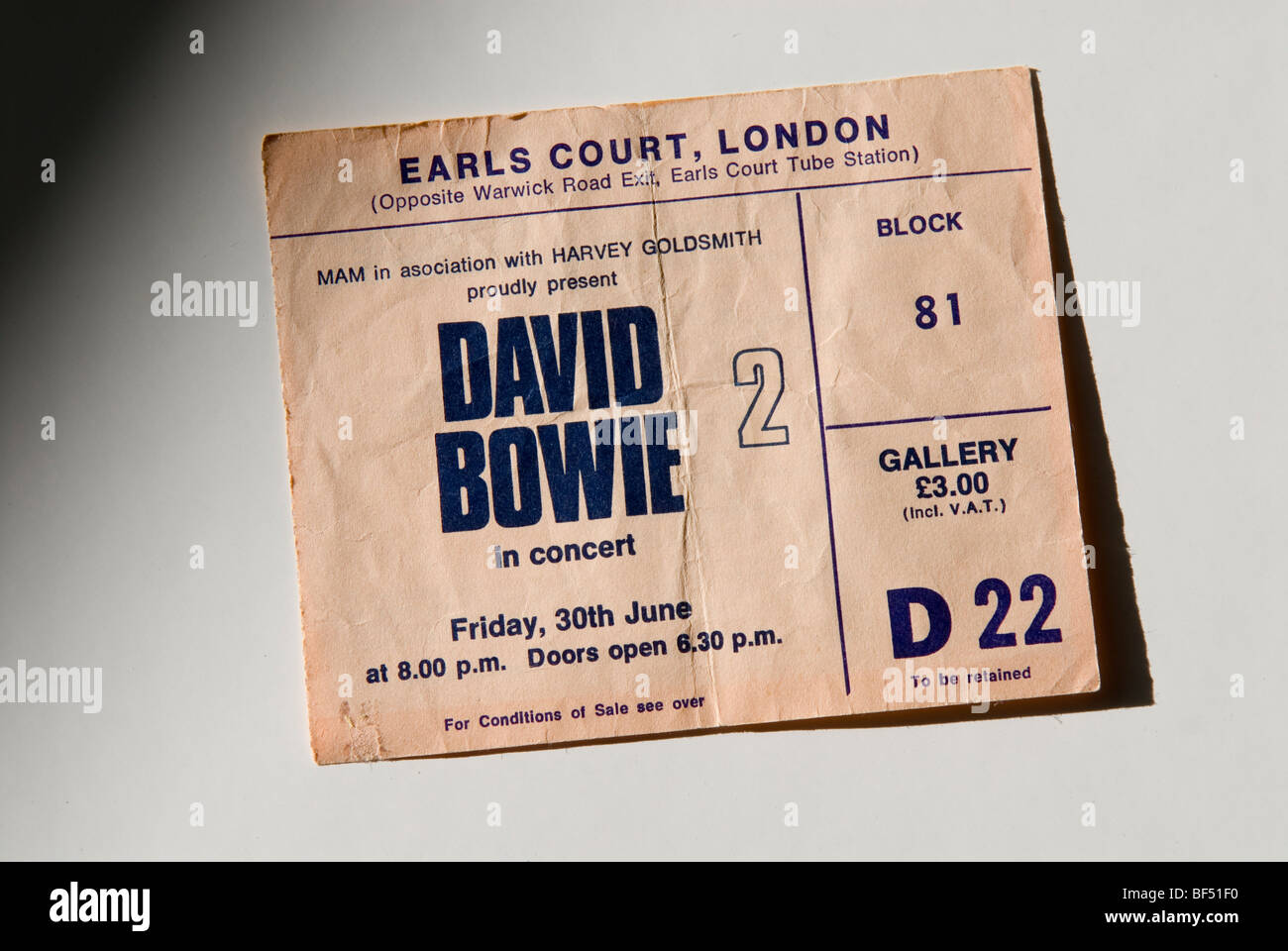 David Bowie billet de concert à partir de 1976 Banque D'Images