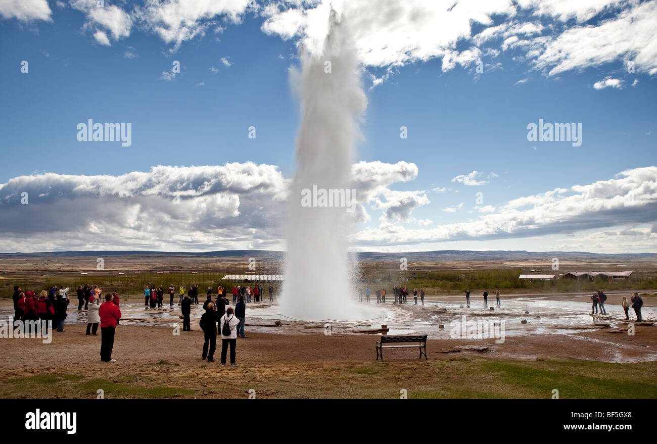 Les touristes regardant Strokkur Geyser en éruption, Islande Banque D'Images