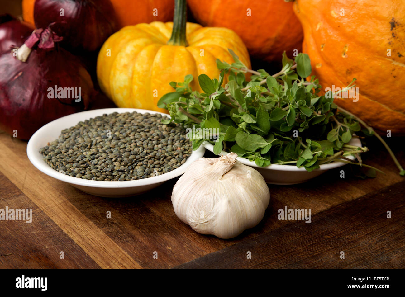 Squash & Ingrédients Soupe aux lentilles Banque D'Images