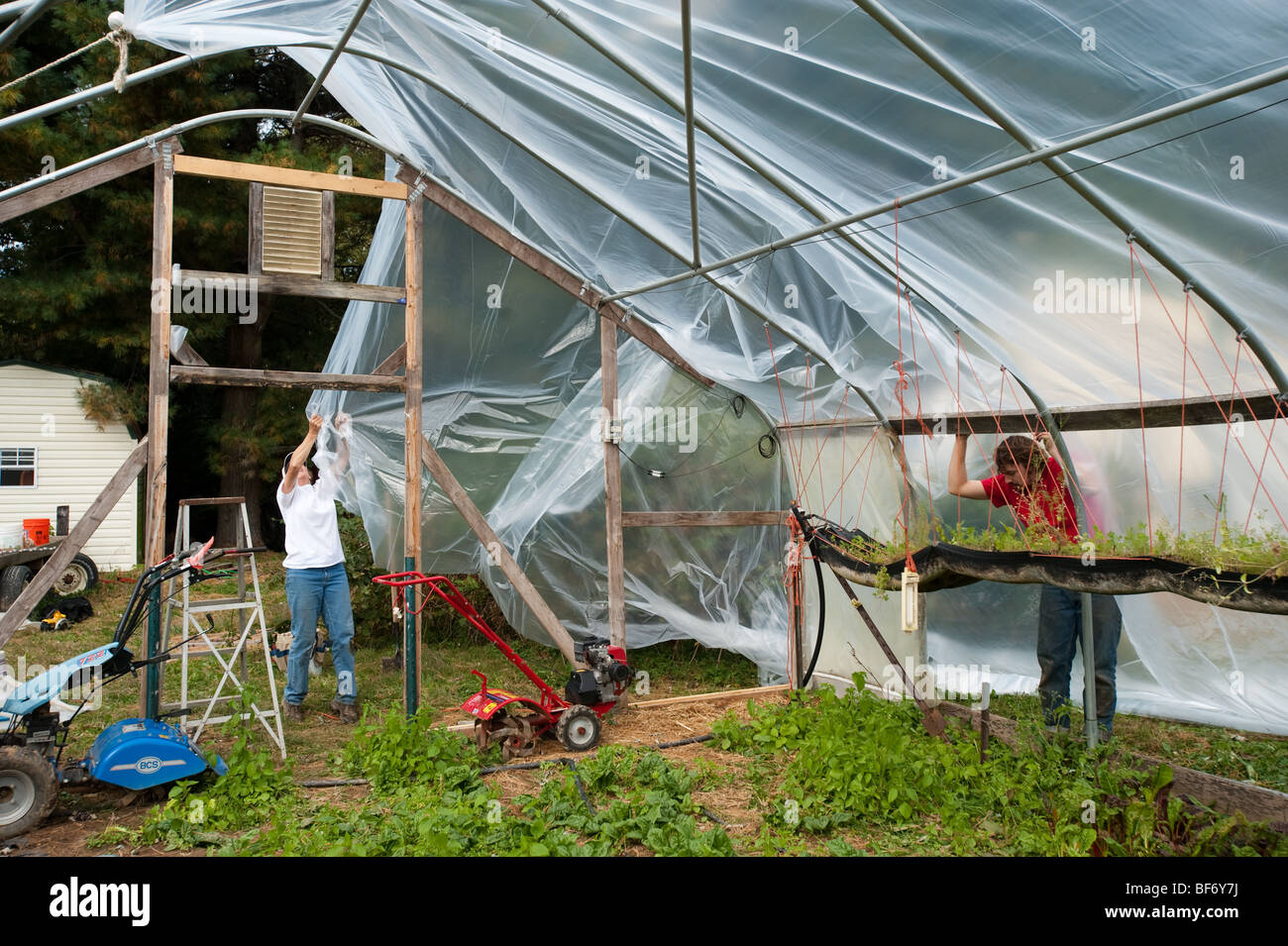 Dave Martin avec Jack et Becky Gurley, Calvert's Gift farm, étincelles MD. Programme de stages pour les nouveaux agriculteurs biologiques Banque D'Images