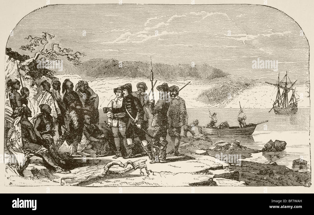En 1609, Henry Hudson offre l'alcool aux Indiens sur la rivière du Nord, maintenant connu sous le nom de la rivière Hudson. Banque D'Images