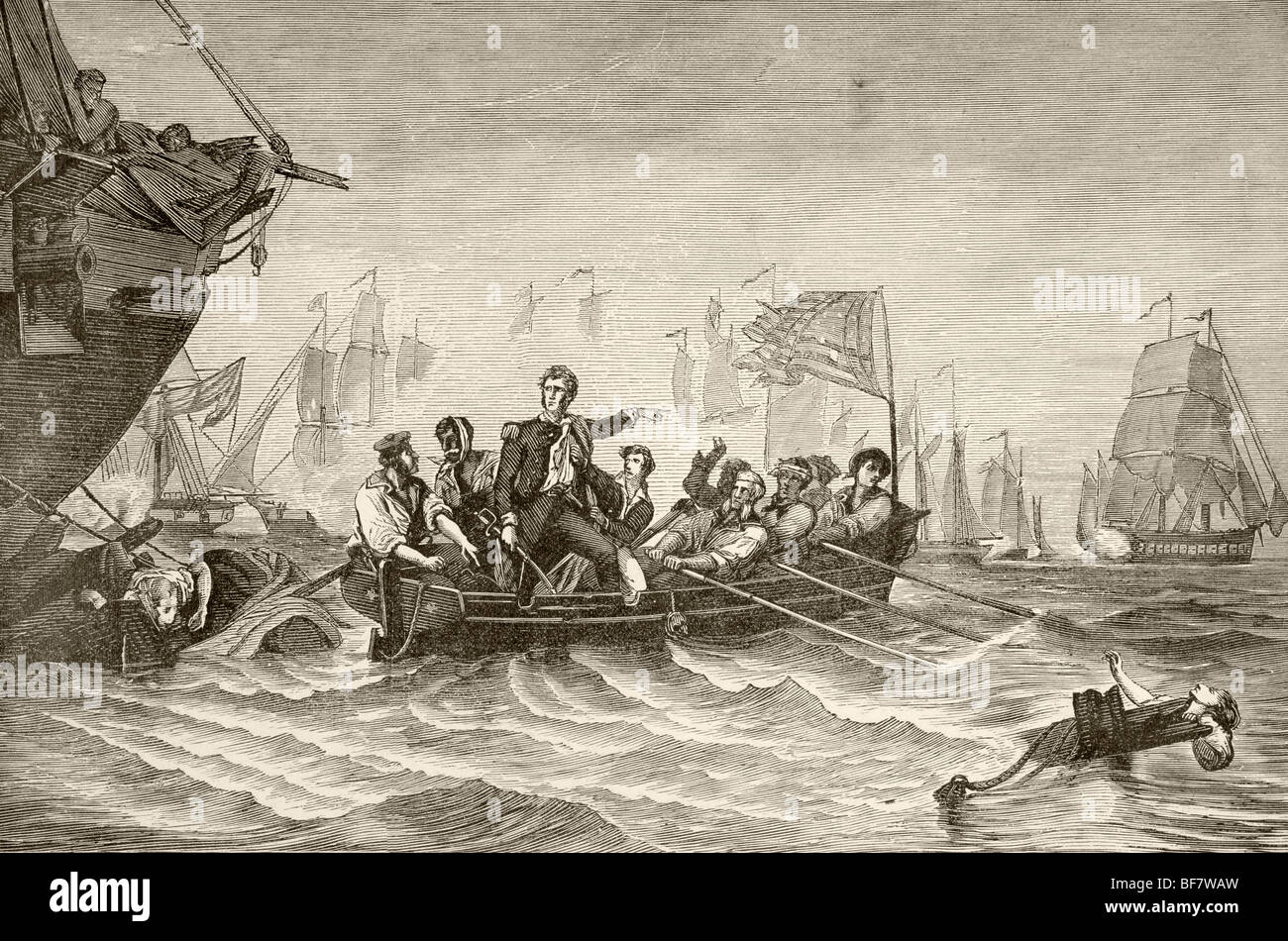 Capitaine commandant Oliver Hazard Perry le transfert d'informations à partir de US Brig Lawrence pour nous Brig Niagara pendant la bataille du lac Érié, 1813. Banque D'Images
