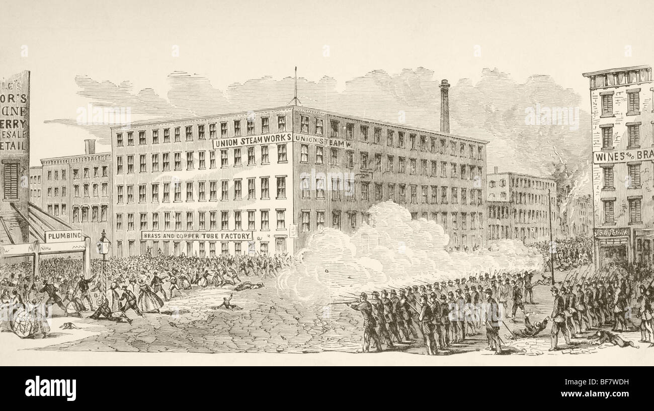 L'incident de la 2e Avenue, au cours de la New York Projet d'émeutes, juillet 1863, pendant la guerre civile américaine. Banque D'Images