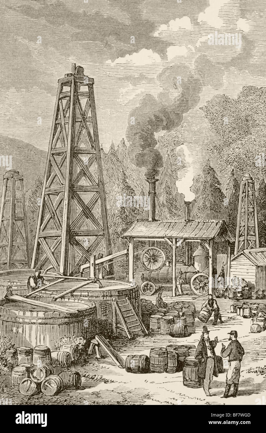 Un puits de pétrole, au dix-neuvième siècle, New York, USA Banque D'Images