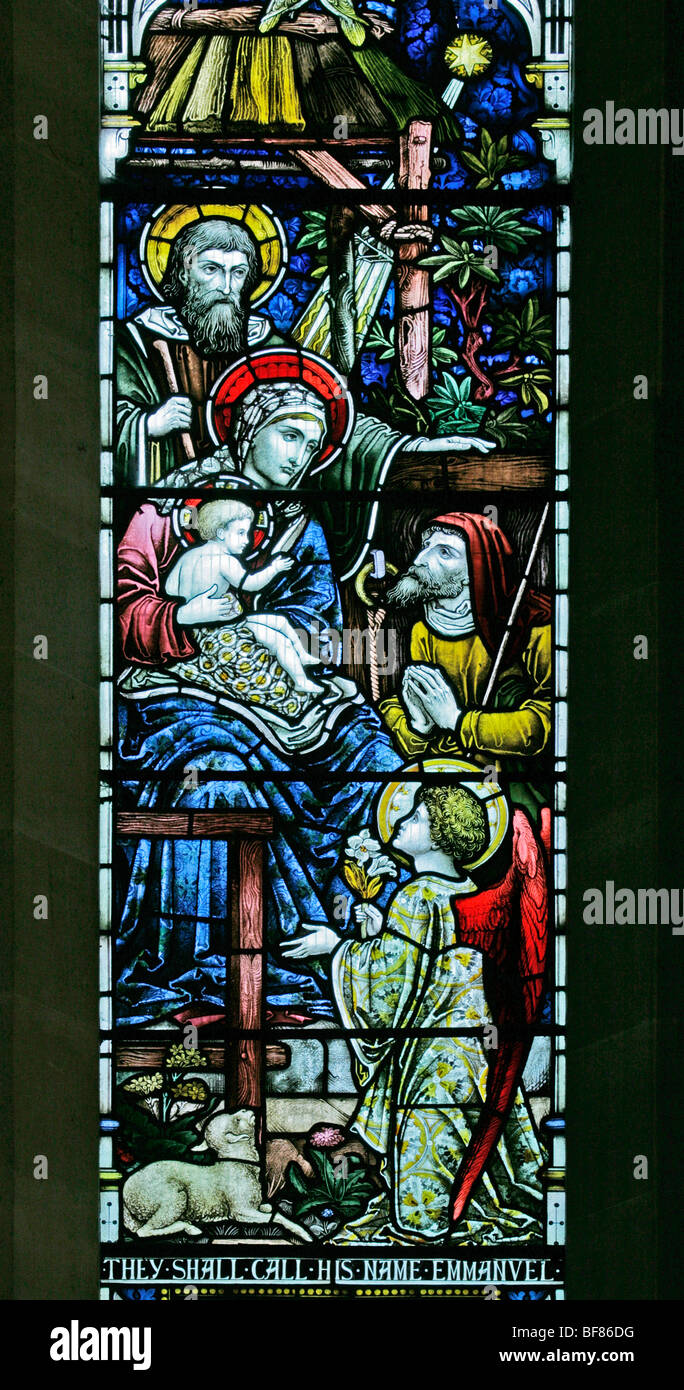 Un vitrail représentant la Nativité, Église de St Mary, South Tidworth, Wiltshire Banque D'Images