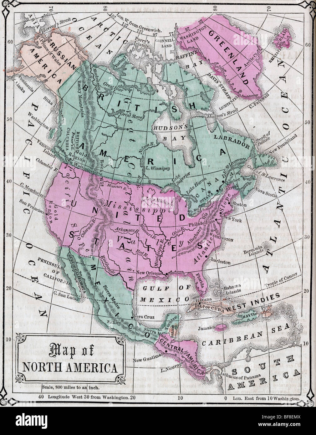 Ancien original carte du Canada et du Nord des États-Unis à partir de 1865 manuel de géographie Banque D'Images