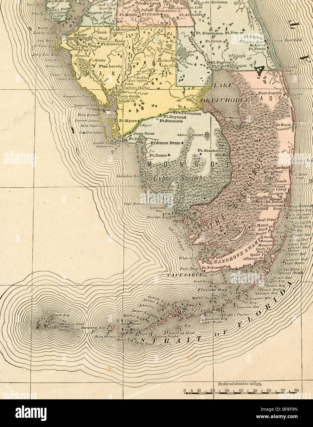 Ancienne carte d'origine des Everglades de Floride du manuel de géographie 1884 Banque D'Images