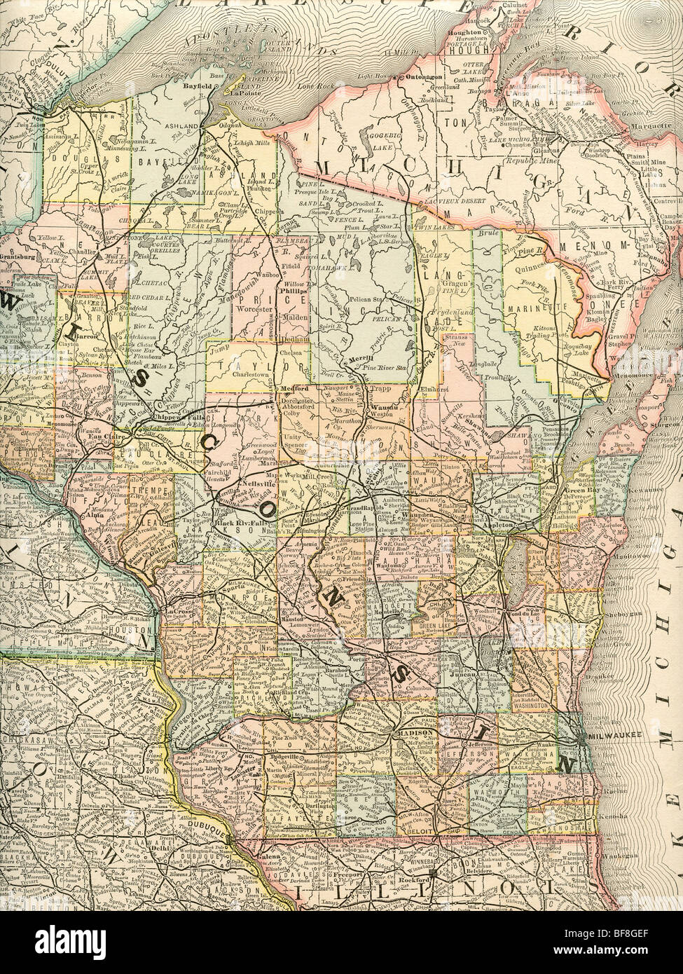 Ancienne carte d'origine du Wisconsin à partir de 1884 manuel de
