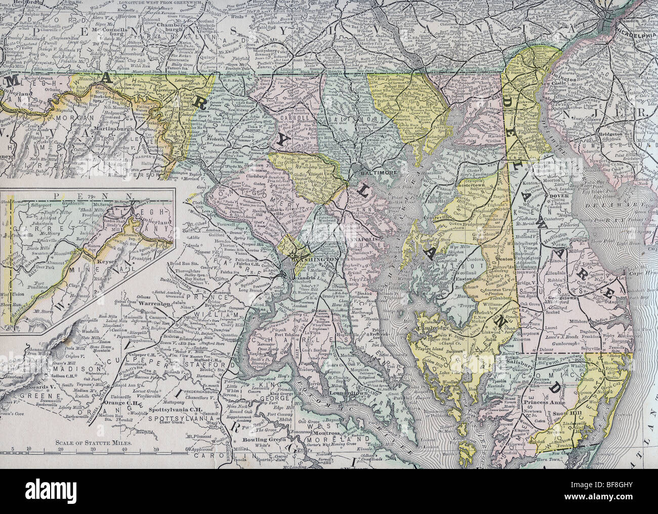 Ancienne carte d'origine du Maryland et Delaware de manuel de géographie 1884 Banque D'Images
