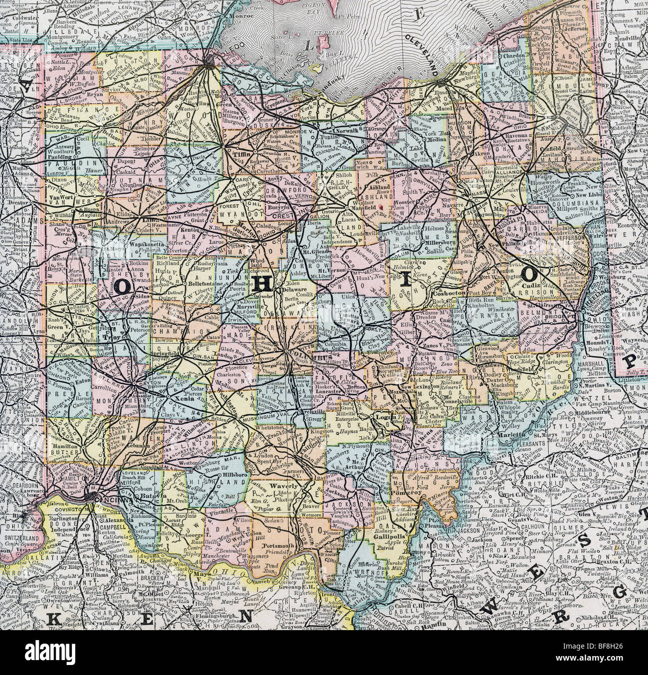 Ancienne carte d'origine de l'Ohio à partir de 1884 manuel de géographie Banque D'Images