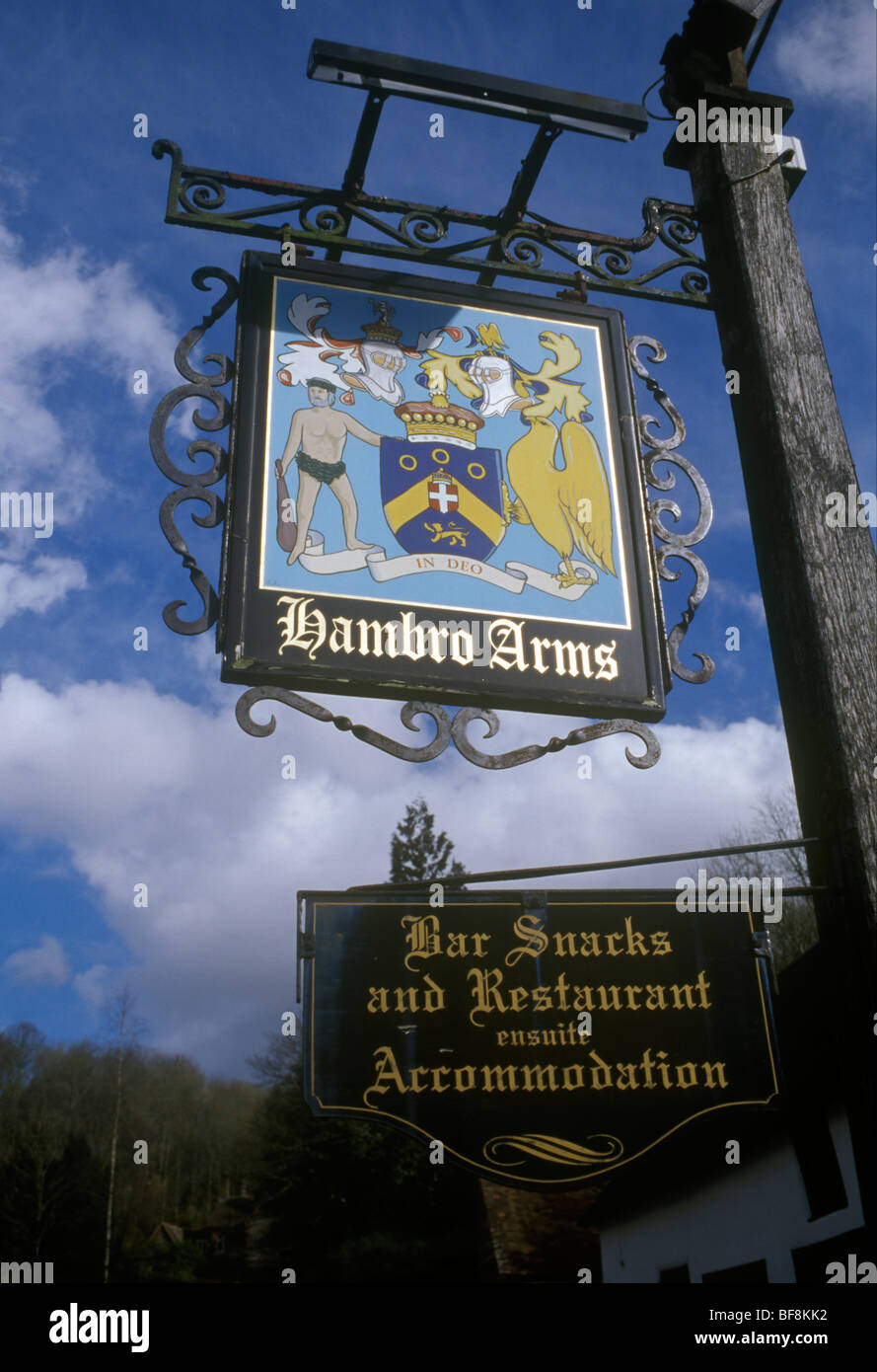 Milton Abbas Dorset UK pub héraldique signe pour la famille propriétaire estate Hambro Arms et village Banque D'Images
