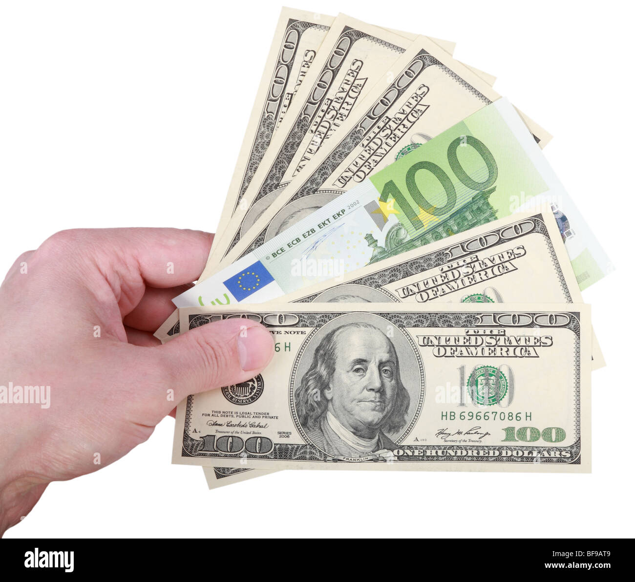 La main avec dollar et euro sur fond blanc Banque D'Images