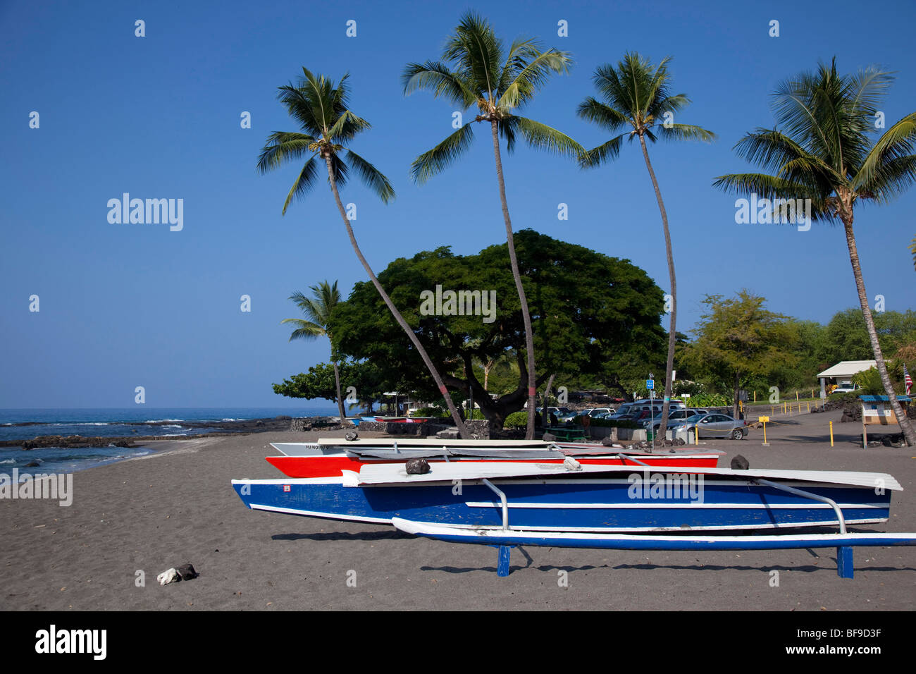 Outrigger Canoe, pêche Hookena, Île d'Hawaï Banque D'Images