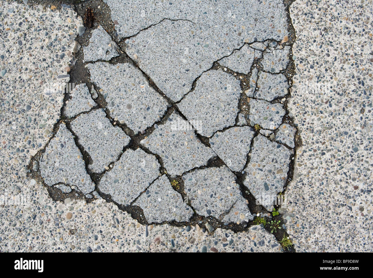 Des fissures dans la surface d'une rue bétonnée. Banque D'Images