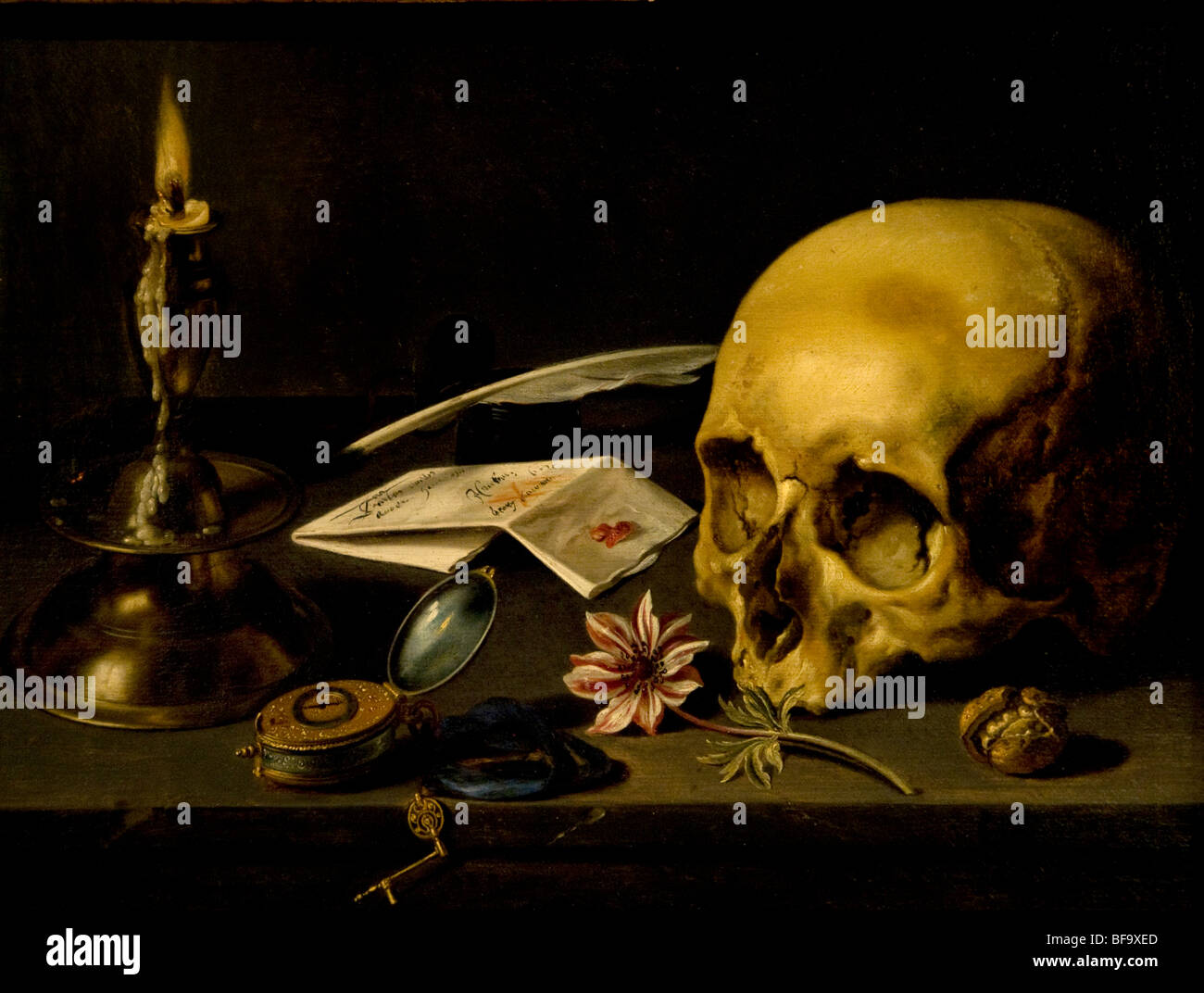 Pieter Claesz 1660 Vanitas vivent toujours crâne lettre watch Museum Pays-Bas Banque D'Images