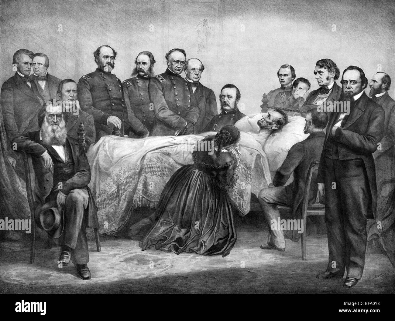 Print circa 1865 nous montrant le président Abraham Lincoln sur son lit de mort entouré de membres de son Cabinet, de généraux et de la famille. Banque D'Images