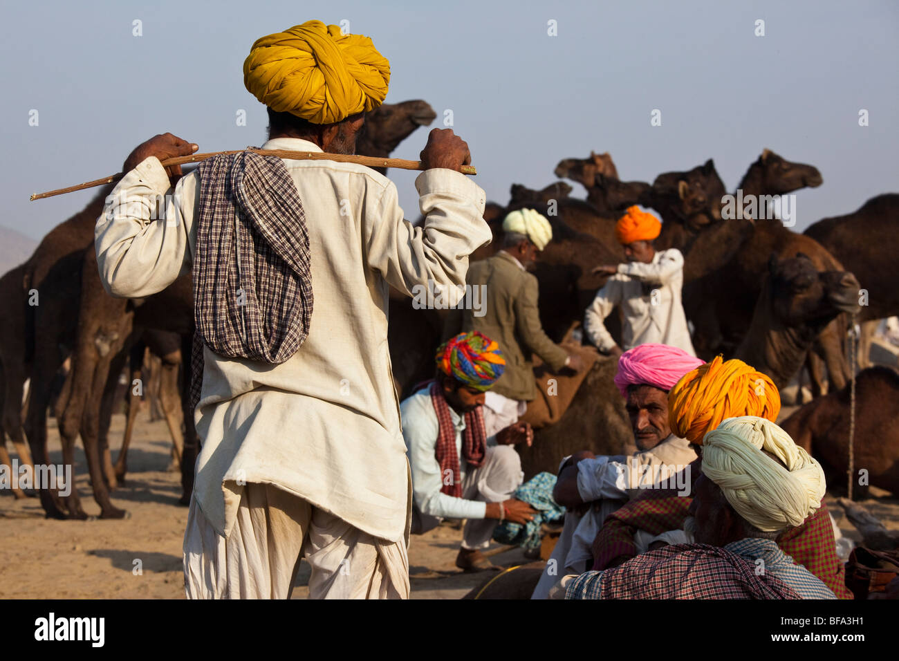 Des hommes et des chameaux à Rajput le chameau juste à Pushkar Inde Banque D'Images