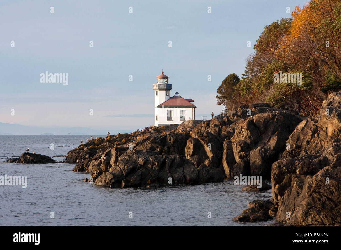 Four à chaux phare, entouré par la côte rocheuse, est éclairé par la lumière chaude d'un coucher du soleil à la fin de l'automne. Banque D'Images