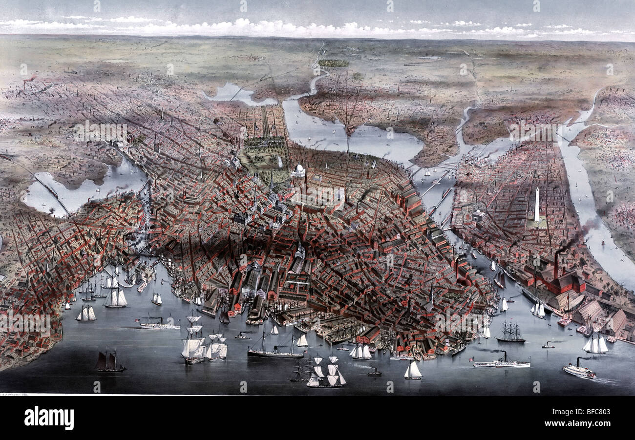 Bird's Eye View of Boston, Massachusetts, vers 1873 Banque D'Images