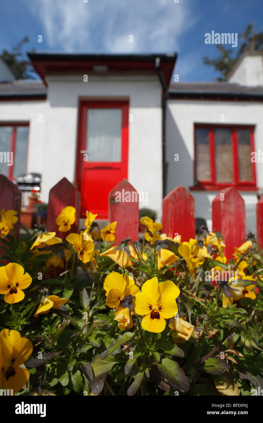 Cottage traditionnel avec la porte rouge et l'alto à l'entrée de la sky road près de Clifden dans le Connemara, Irlande Banque D'Images