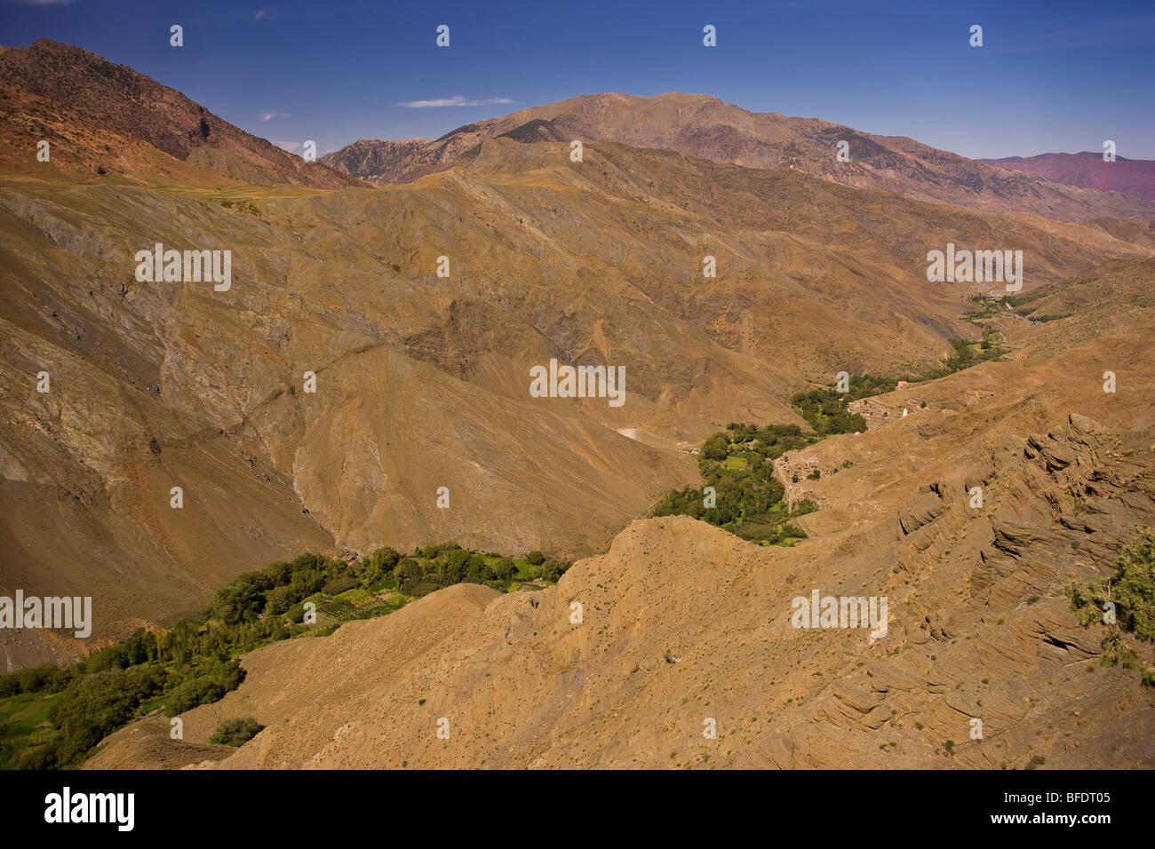 Col TINIFIFFT, MAROC - Oasis de végétation et les terres cultivées par la rivière, dans la vallée de l'Atlas. Banque D'Images