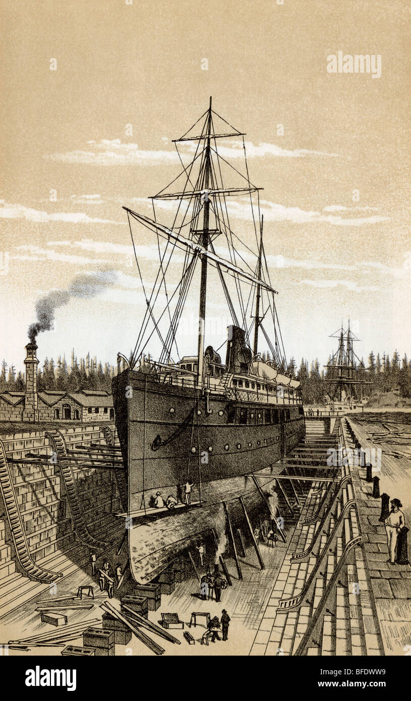 Cale sèche d'Esquimalt, Colombie-Britannique, 1880. Lithographie Banque D'Images