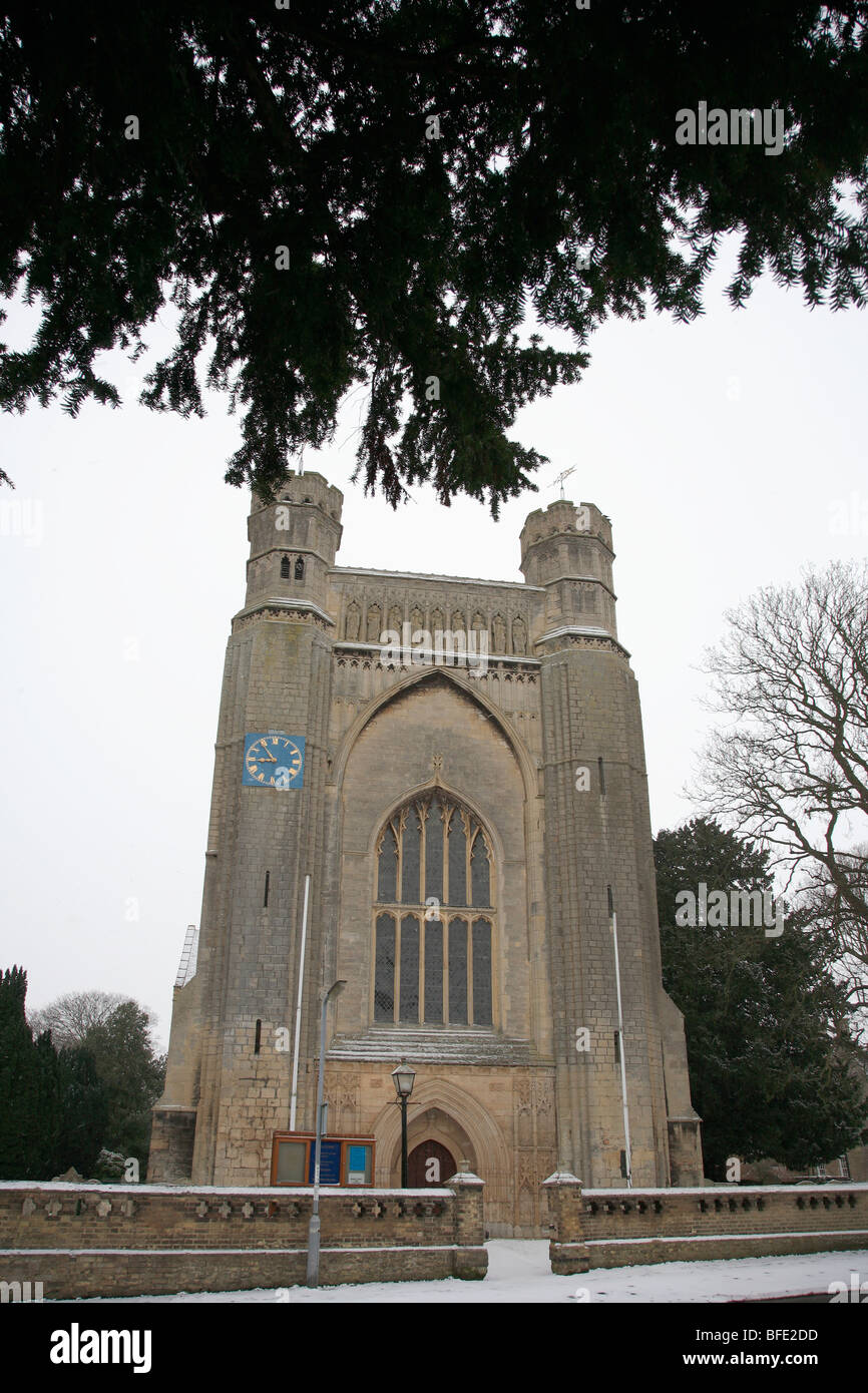 Hiver Neige Thorney église abbatiale Thorney village Cambridgeshire England UK Banque D'Images