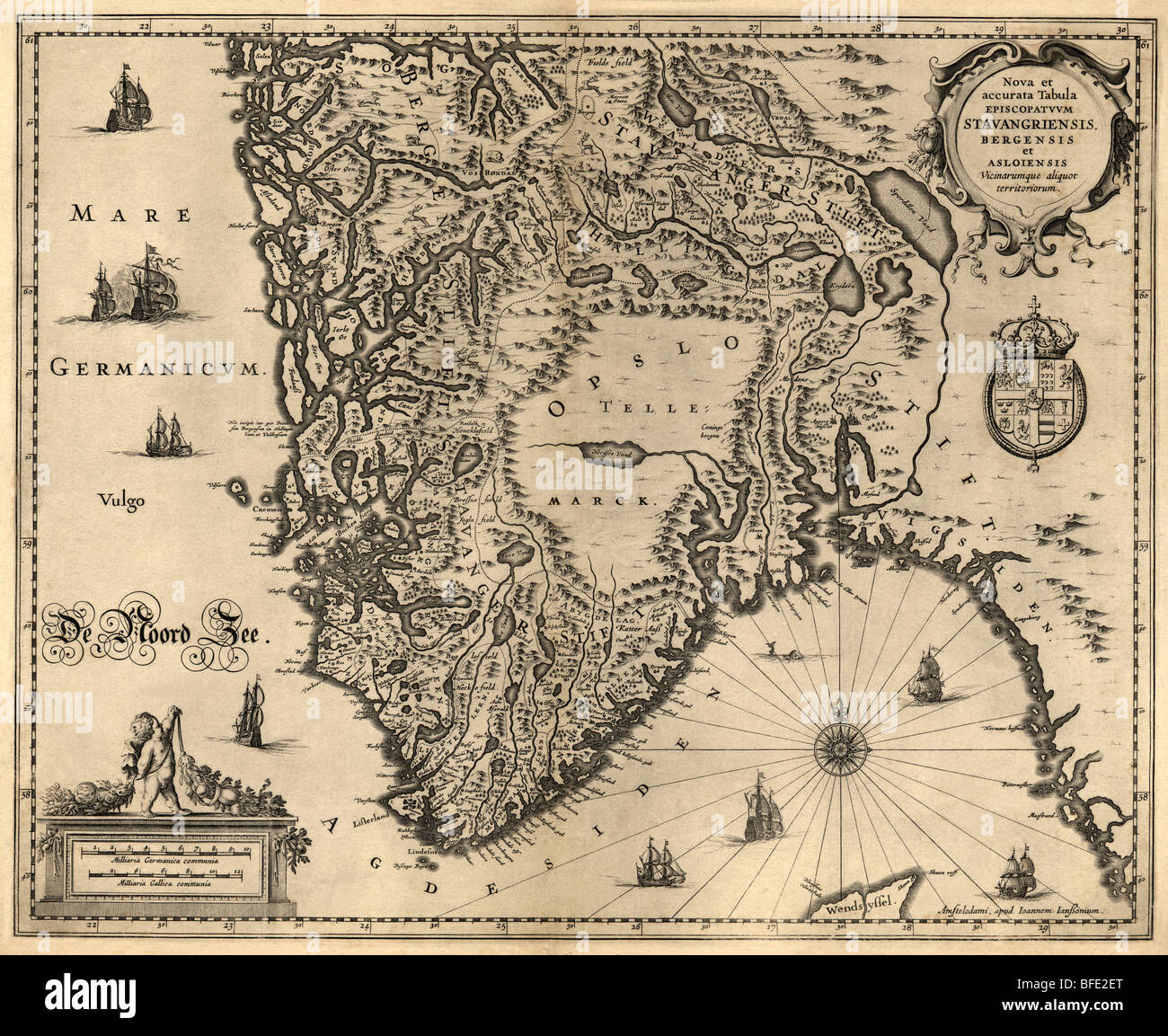 Ancienne carte d'une partie sud de la Norvège (1630) Banque D'Images