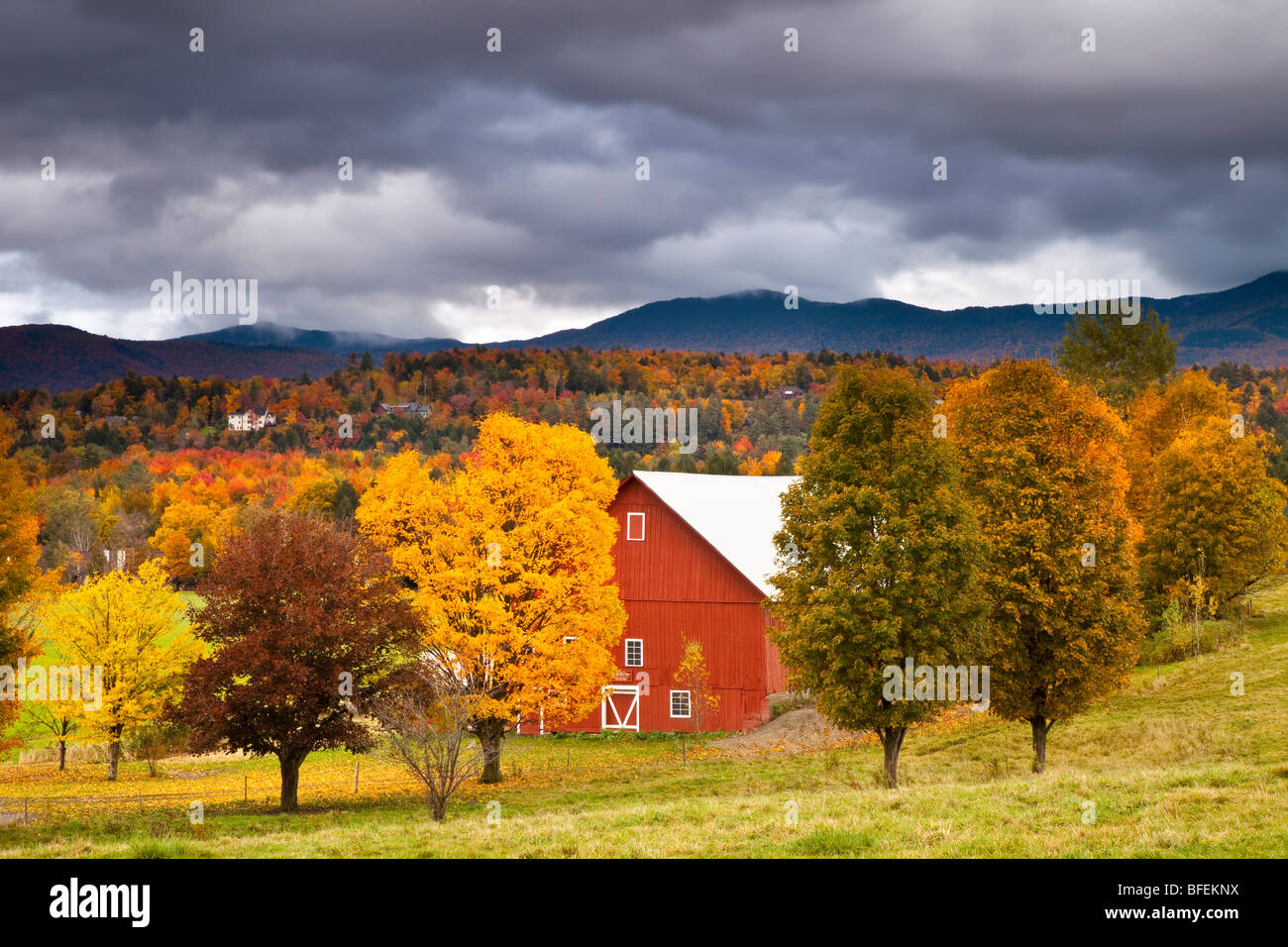 Voir l'automne de grange près de Stowe au Vermont USA Banque D'Images